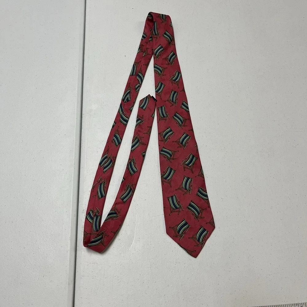 Vintage Polo Ralph Lauren Tie Red Silk Beach Lounge Chair Print Preppy Resort